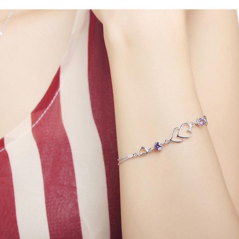 BELLA BOX Korean Fashion White Copper Plated Silver Bracelet Heart To Heart Amethyst Silver Hand Decoration For Women
