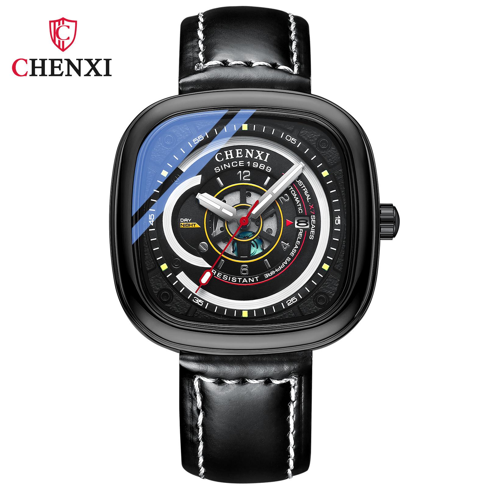 

Новые роскошные мужские часы ТОП-бренда с коробкой, квадратные часы, мужские модные кожаные светящиеся мужские кварцевые часы