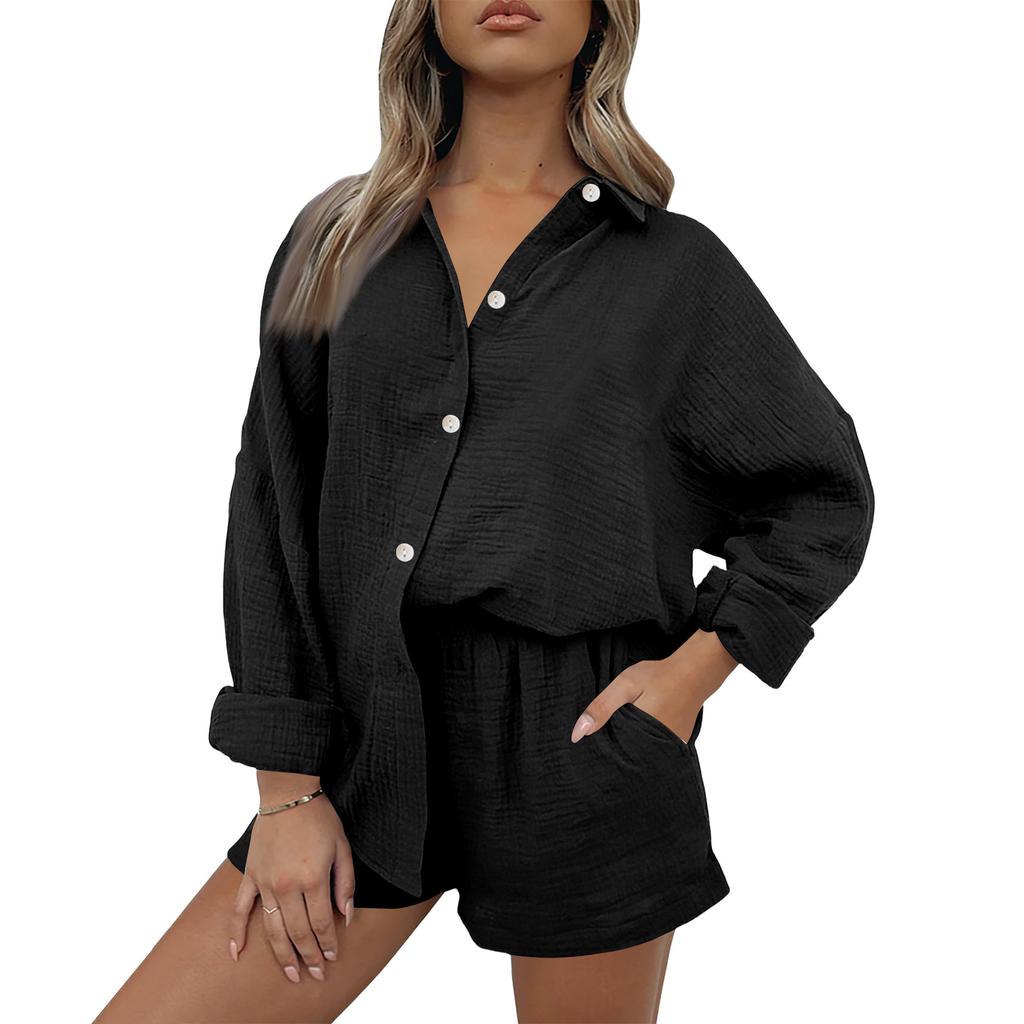 Women's Casual Color Long Sleeved Shorts Set, Crepe Home Set