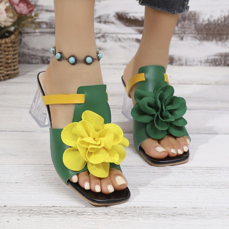 Women S French Style Flower Square Toe Chunky Heel Sandals