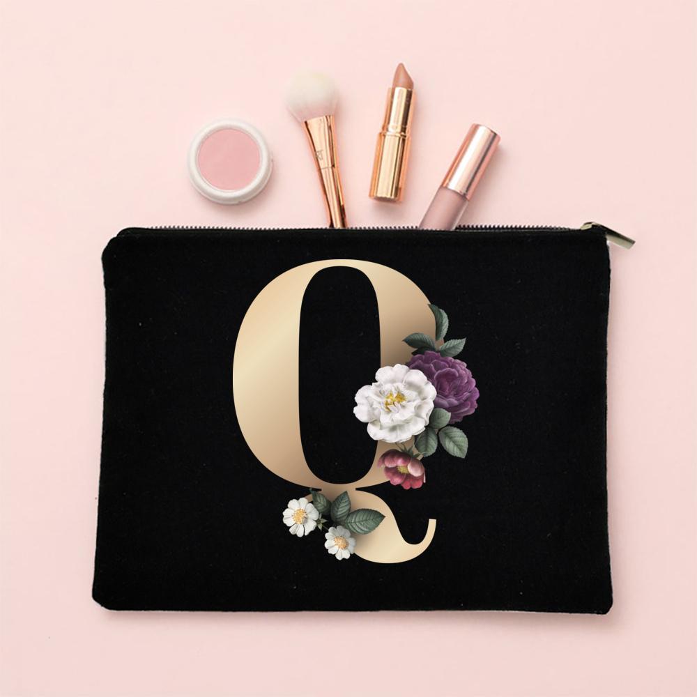 Alphabet Floral Makeup Bag Bridesmaid Maid of Honor Holiday Wedding Bachelorette Party Gift Canvas Cosmetic Zipper Storage Pouch