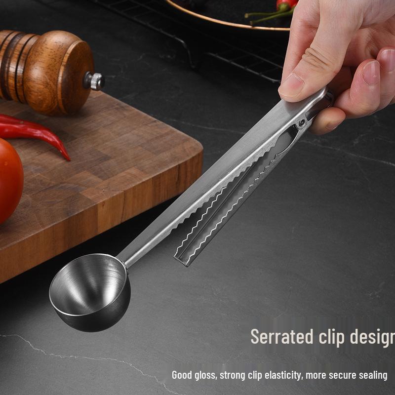 Stainless Steel Multi-Purpose Coffee Spoon with Clip - Measuring, Stirring, and Sealing.