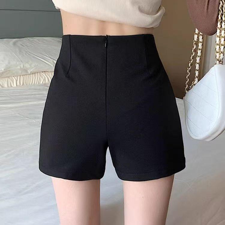Women's Black High Waist Suit Shorts with Plus Velvet Lining - Slimming Elastic A-Line Leggings for Autumn and Winter