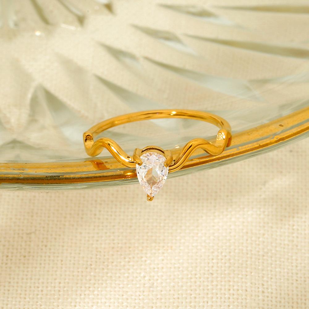 Ins Fashion Temperament Inlaid Water Drop Zircon Wave Ring Plated 18k Gold Stainless Steel Stacked Plain Ring Ring