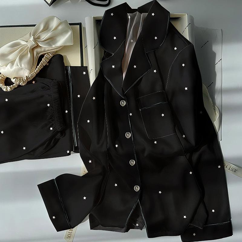 Star Print Ice Silk Women Spring And Autumn Pajamas Long Sleeves High-End Fashion Loungewear Suit