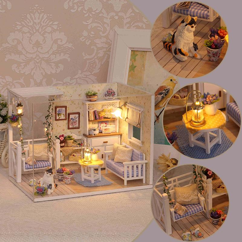 Casă de păpuși mini din lemn, puzzle 3D de asamblat, model de construcție, jucării, decorațiune pentru casă, dormitor, cu mobilier, lumini LED, jucărie, cadouri de Crăciun
