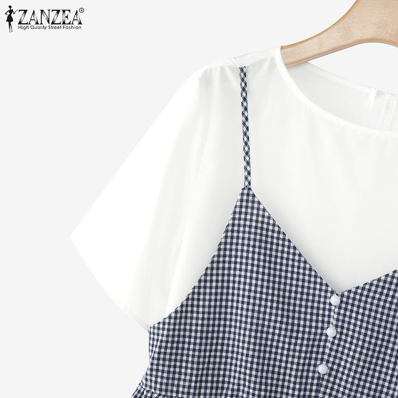 ZANZEA Women Casual Fake Two Piece Patchwork Grid Print Short Sleeve T-Shirts