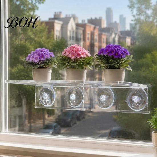 Floating Potted Plant Stands Window Suction Cup Storage Rack, Clear Acrylic Shelf with Microgreen Growing Trays Strong Adsorption, Stand for