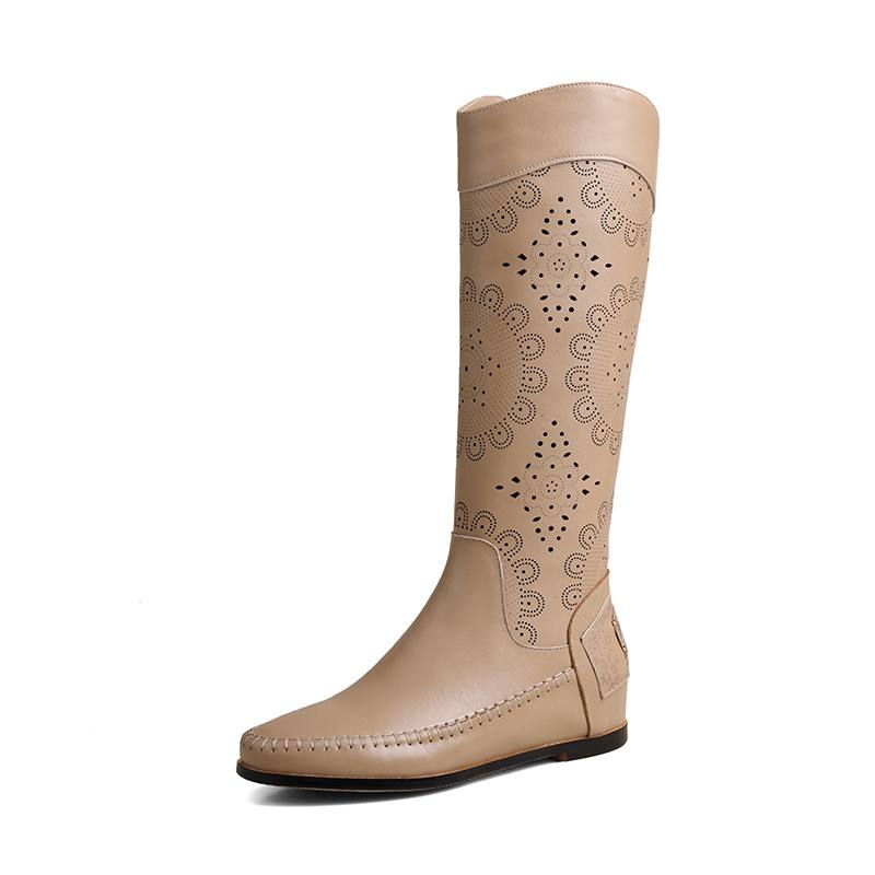 Krazing Pot Rindsspaltleder Runde Zehe Größe 43 Sommerstiefel Mode Ritterstiefel Hohle Verzierungen Herbststiefel Oberschenkelhohe Stiefel