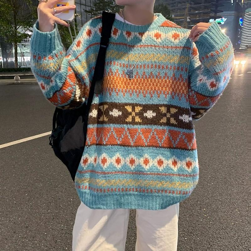 Autumn Winter Round Neck Vintage Jacquard Sweater Male Loose Casual Fashion Knitting Top Pullovers Top Men
