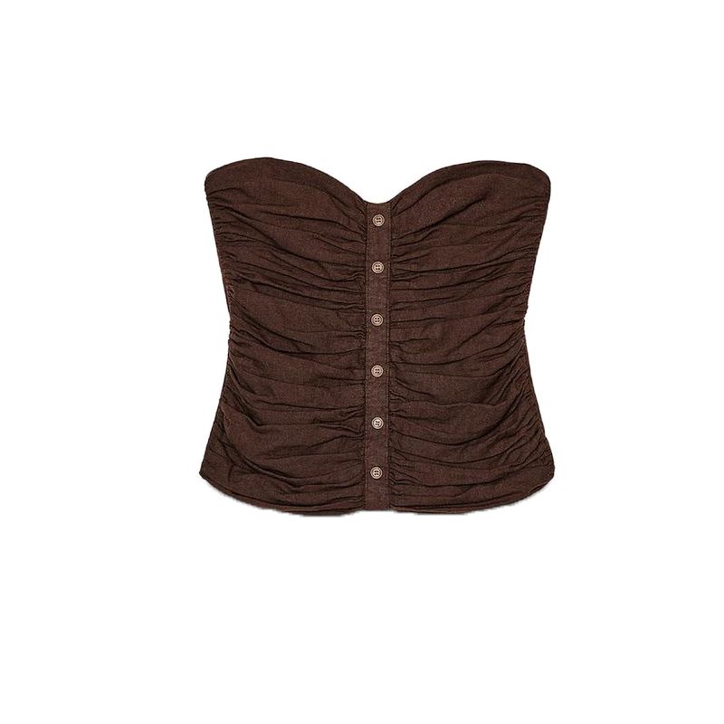 

Summer Women s Strapless Straight Collar Decorated Row Button Linen Blend Ruched Corset Style Tops 8372074 Brown L