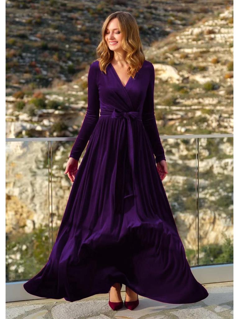 Elegant Velvet V-Neck Bridesmaid Dress for Autumn/Winter