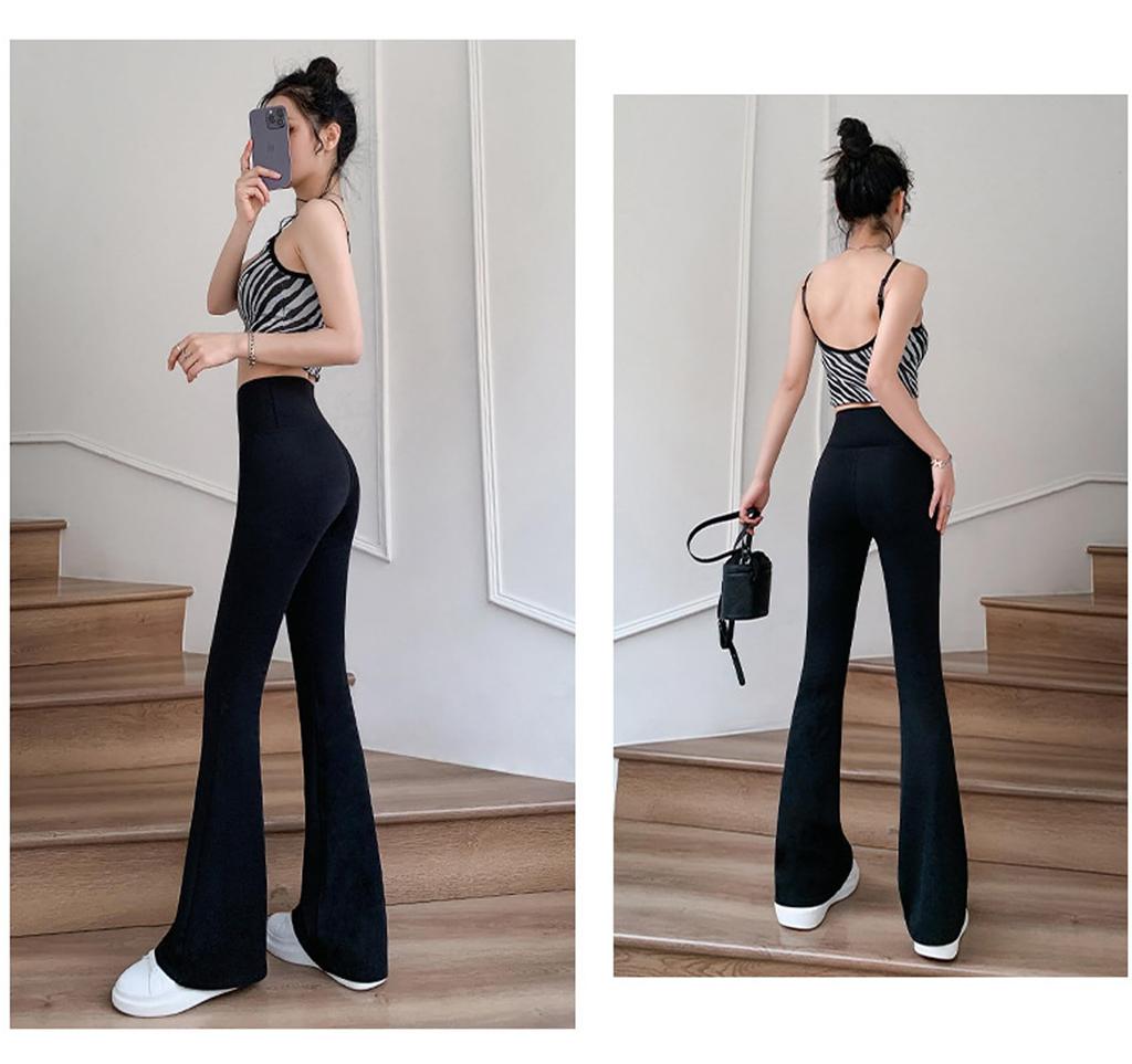 Yuoku Flare Comfortable and Long Pants for Spring and High Relaxed Flare Effect Black for Heights Women's Pants, Stretchy, Autumn, Waist, Versatile,