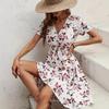 JKASHDK Women's Fashion Summer Spring Flower Pattern Print Short Sleeve V-Neck High Waist Casual Dresses