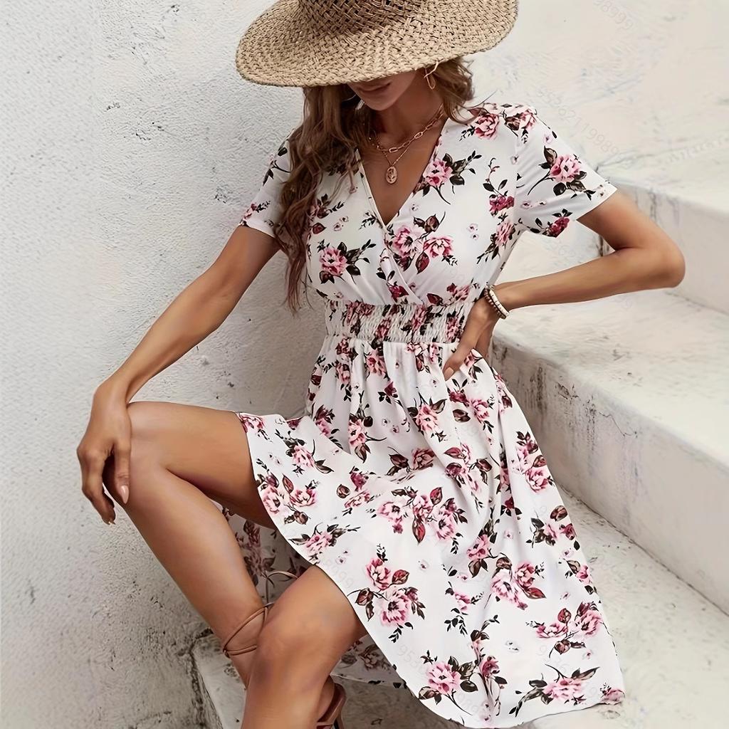 JKASHDK Women's Fashion Summer Spring Flower Pattern Print Short Sleeve V-Neck High Waist Casual Dresses