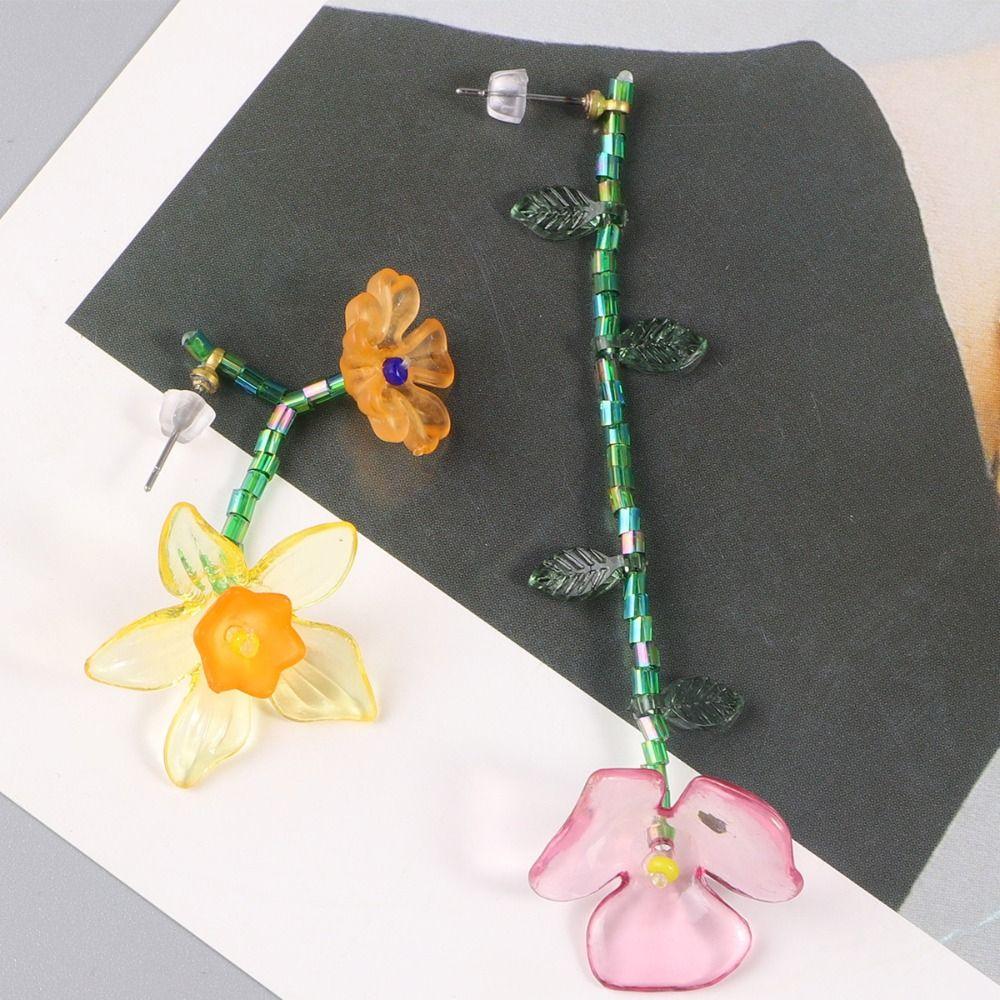 Korean Style Beaded Dangle Earring Handmade Asymmetric Earrings Resin Flower Necklace  Gift