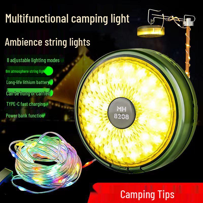 USB Rechargeable LED Camping String Lights with Tent Storage and Tape Measure