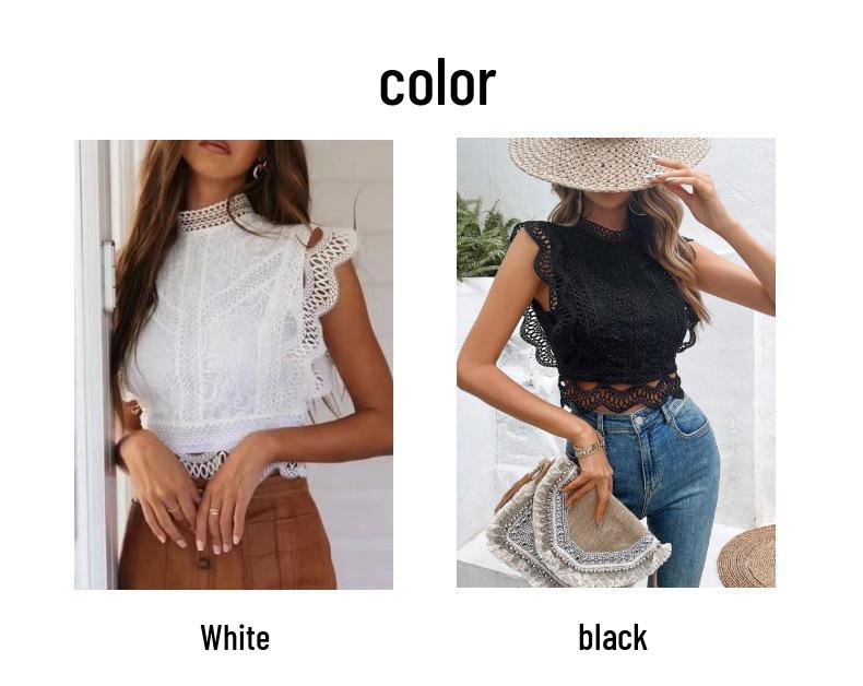 2024 Summer European & American Sexy Hollow-Out Geometric Lace Chiffon Blouse