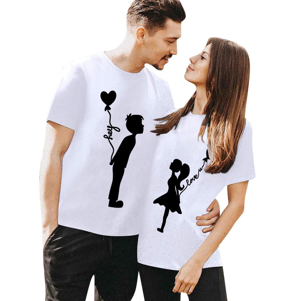 Polyester 100% Valentijnsdag T-shirts voor Koppels, Korte Mouwen, Veelzijdig, Ronde Hals, Leuke Gedrukte Designs voor Zowel Mannen Vrouwen