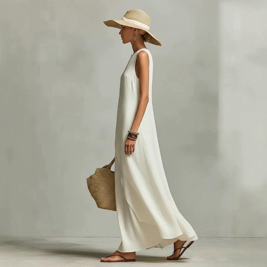 YYFS Women's Fashion Summer Spring Solid Color Print Sleeveless O-Neck Loose Waistline Casual Dresses