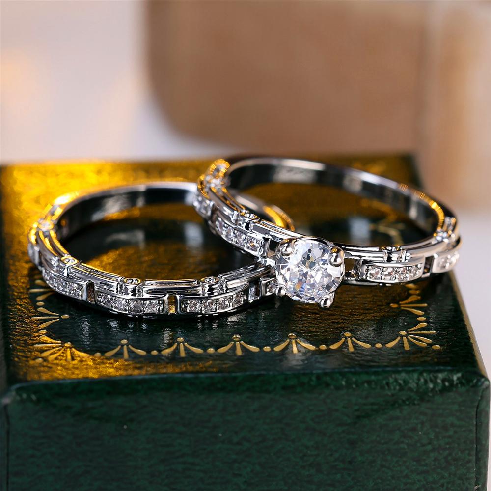 Crystal Female White Zircon Stone Ring Set Fashion Vintage Silver Color Bridal Wedding Engagement Jewelry For Women