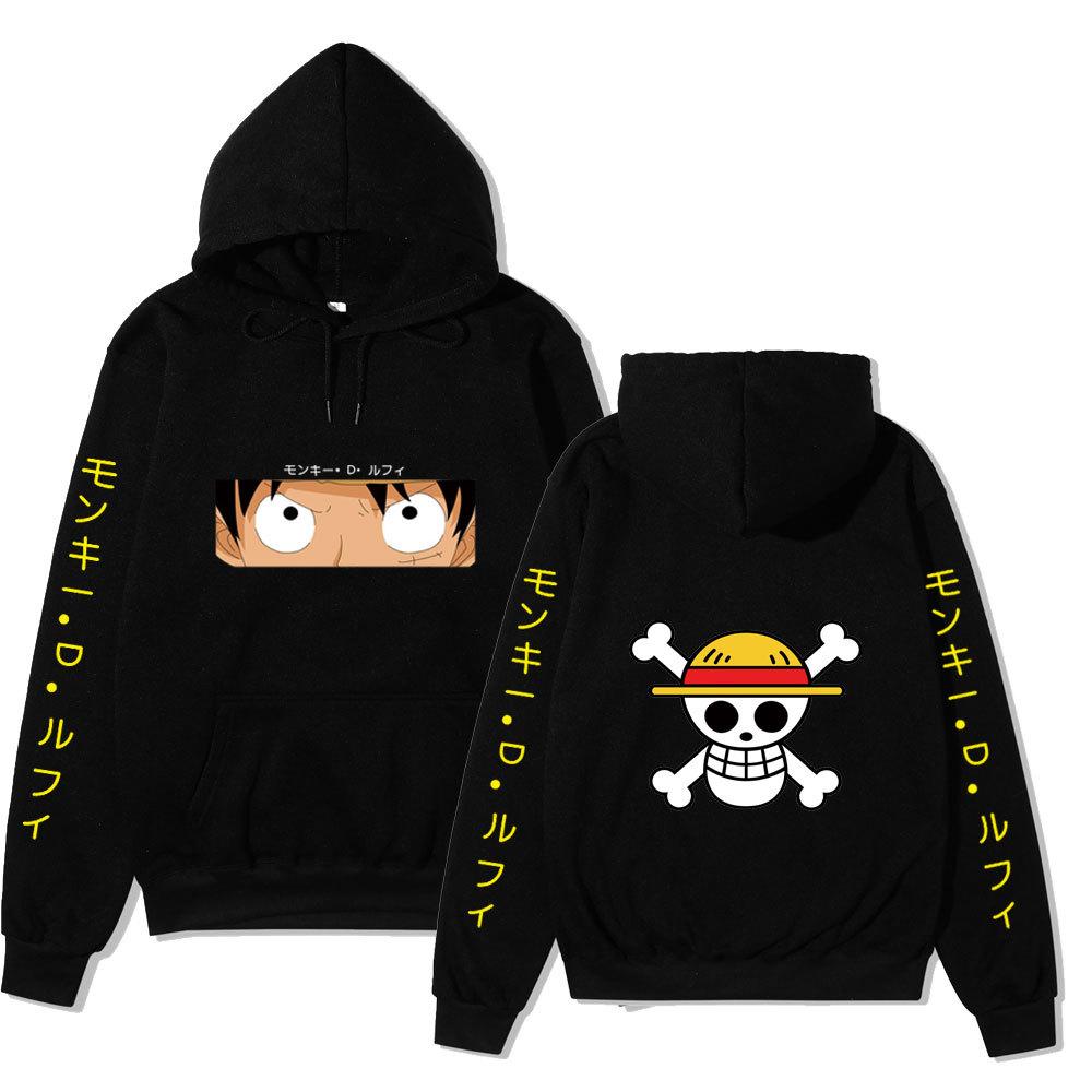 Unisex One Piece Monkey D Luffy Double‑Sided Print Fleece Hoodie, Both‑Sleeves Japanese Text Anime Pullover Hooded Sweatshirt Streetwear
