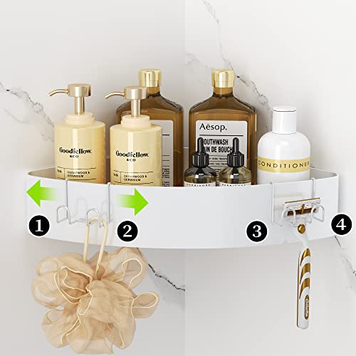 Orimade Magnetic Bathroom Corner Rack with 4 Hooks, White, Approx. W34 X D23 X H8cm, Bathroom Rack, Bath Toy Storage, Shower Hooks, Two-Tier Drainer