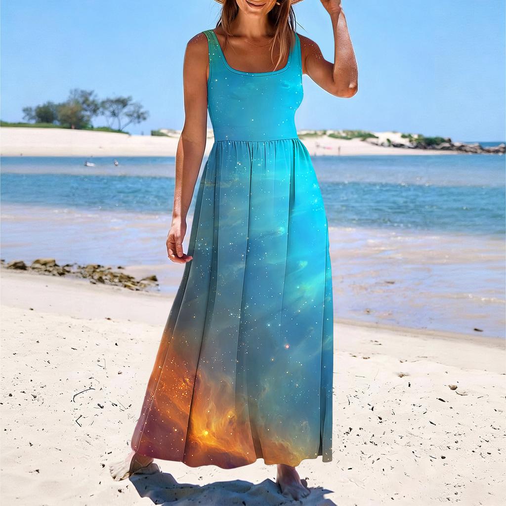 Women's Sleeveless Maxi Dress Summer Casual Long Dress Tie-Dye Print Round Neck Relaxed Fit Lightweight Fabric