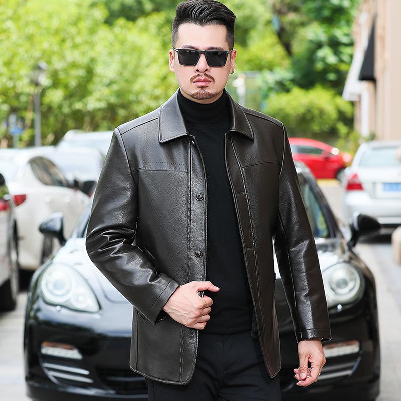 Winter Thickened Removable Velvet Lining Genuine Leather Jacket for Middle-aged Dad Men's Sheep Fur Collar Buttoned Jacket