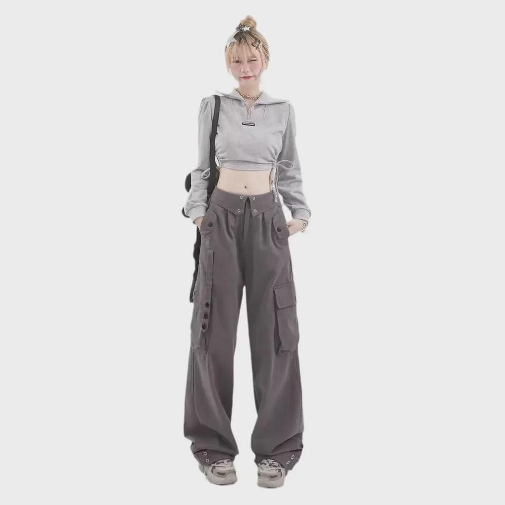 2024 Hong Kong-Style High-Waisted Slim Retro Overalls with Cuffed Design - Loose Fit Straight Pants for Spring and Fall