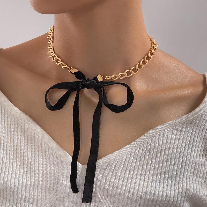 Accessories Baroque pearl round bead necklace black ribbon bow choker temperament strap female