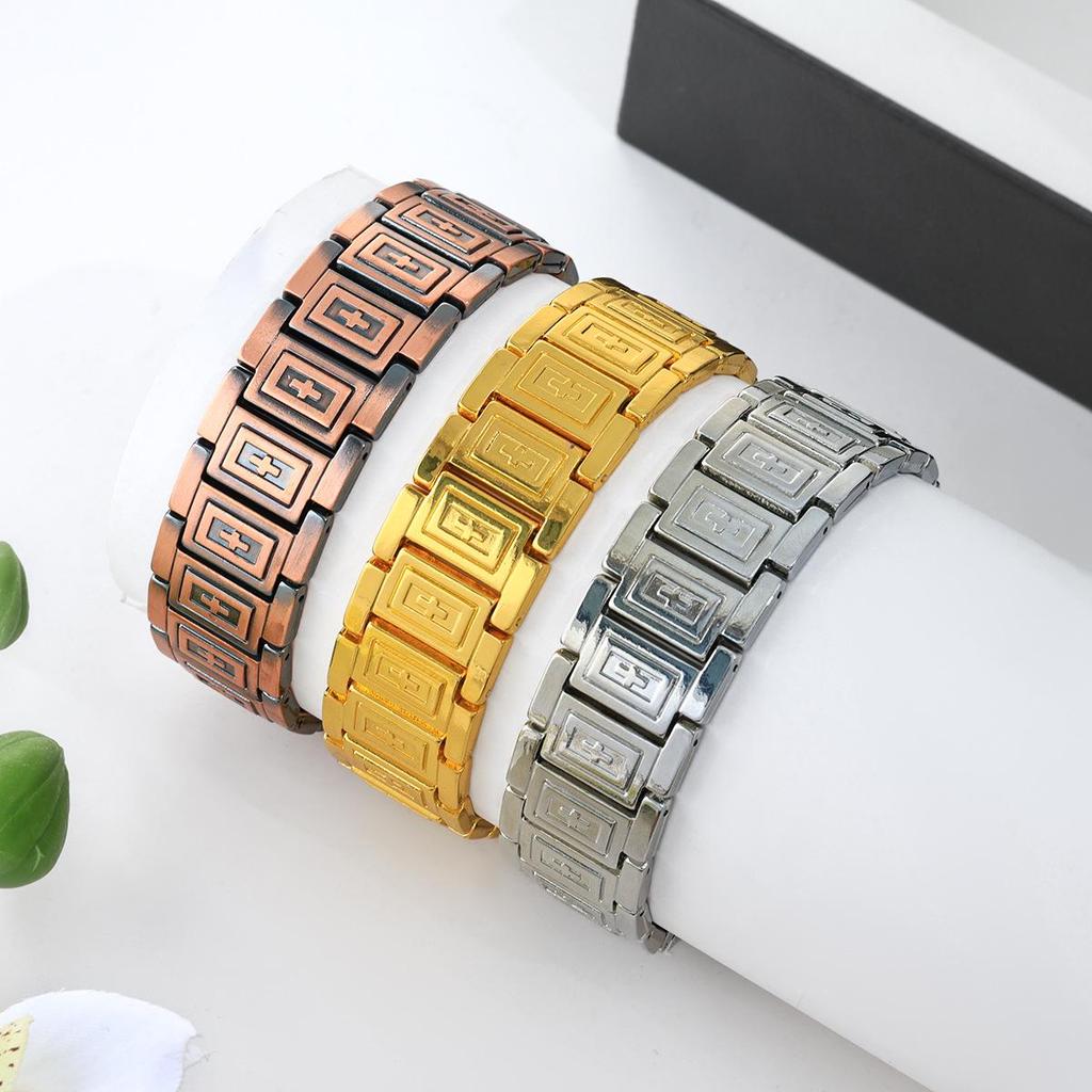 Cross Explosion: Ancient Red Copper Shield Magnet Bracelet with Wide Watch Strap Buckle for Men.