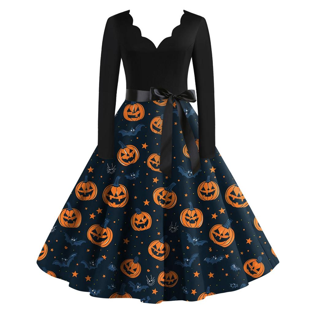 Lässiges Vintage-Kleid mit V-Ausschnitt und Halloween-Print für Damen