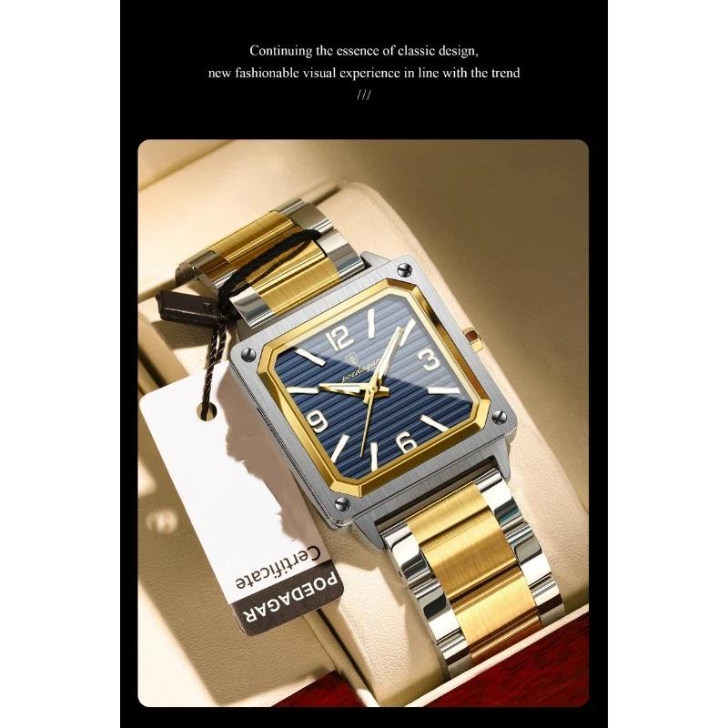 POEDAGAR Luxury Man Square Quartz Watch Waterproof Luminous Stainless Steel Watches Male Reloj+box