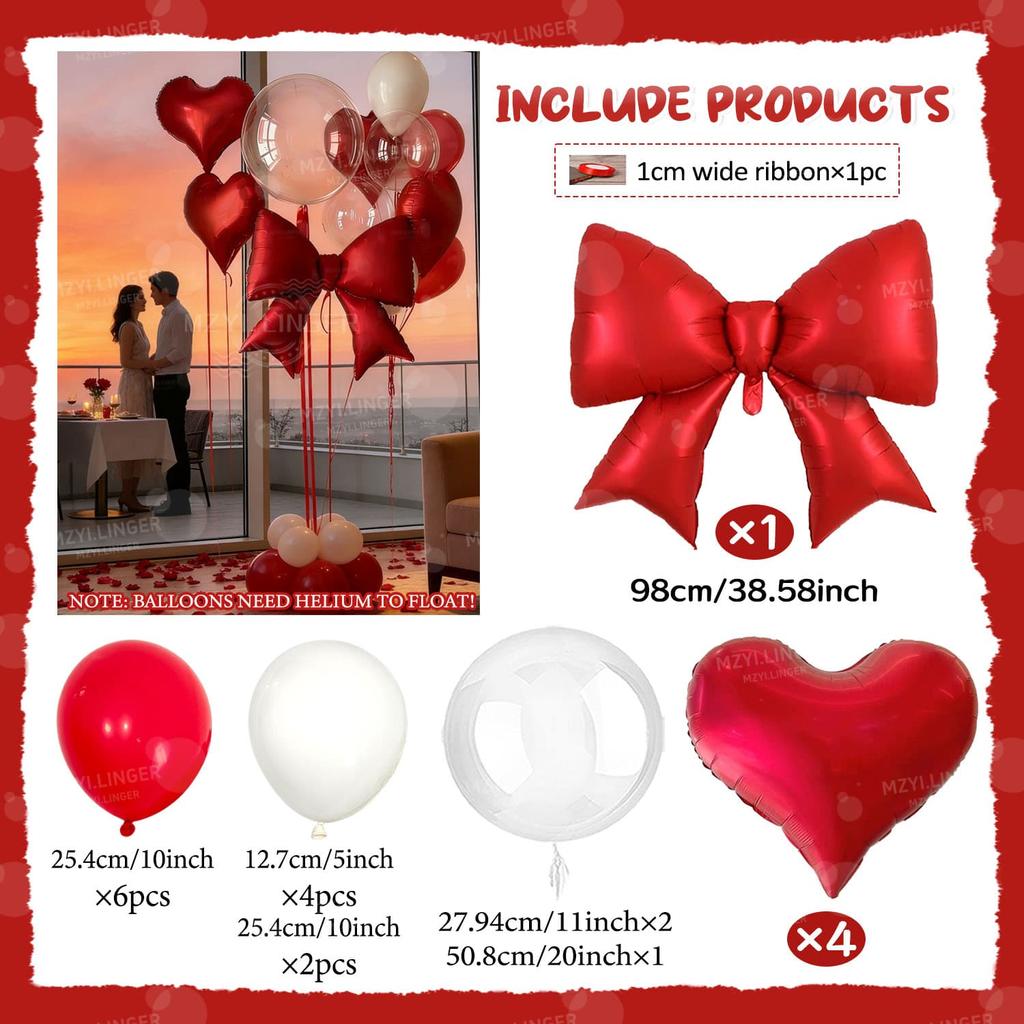 Bow Balloon and Red Heart Balloon Set Transparent Bobo Balloon for Valentine's Day Proposal Wedding Romantic Birthday Decor