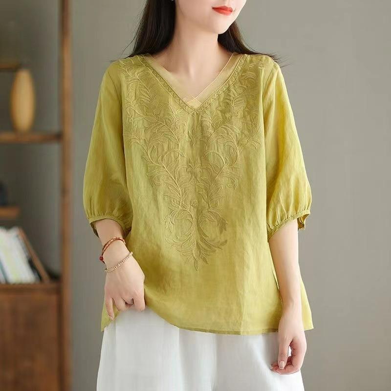 Solid Color Cotton and Linen Mid-sleeved Shirt Women's Summer V-neck Heavy Industry Embroidery Casual All-match Thin Cotton and Linen Shirt