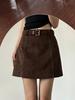 Petite Brown Suede A-Line Half-Skirt for Women - Coffee Color, Hip-Hugging, Spring/Autumn
