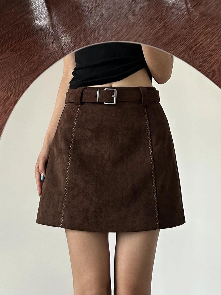 Petite Brown Suede A-Line Half-Skirt for Women - Coffee Color, Hip-Hugging, Spring/Autumn