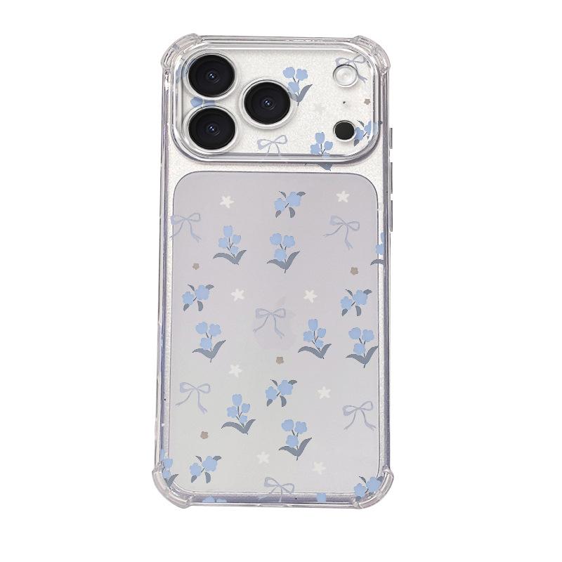 Mori Light Blue Floral Transparent Four Corners Anti-drop Apple 12/13promax Summer Mobile Phone Case Girls High Value