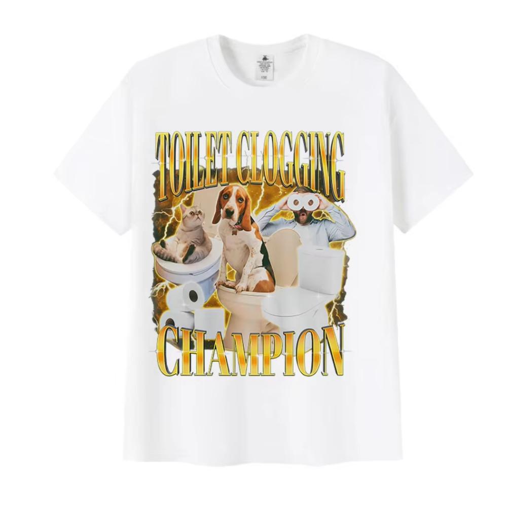 Toilettenverstopfungs-Champion Lustige Meme-Grafiken T-Shirt Niedlicher Haustier-Humor Geschenk Kurzarm-T-Shirts Mode Hochwertige Baumwoll-Tees