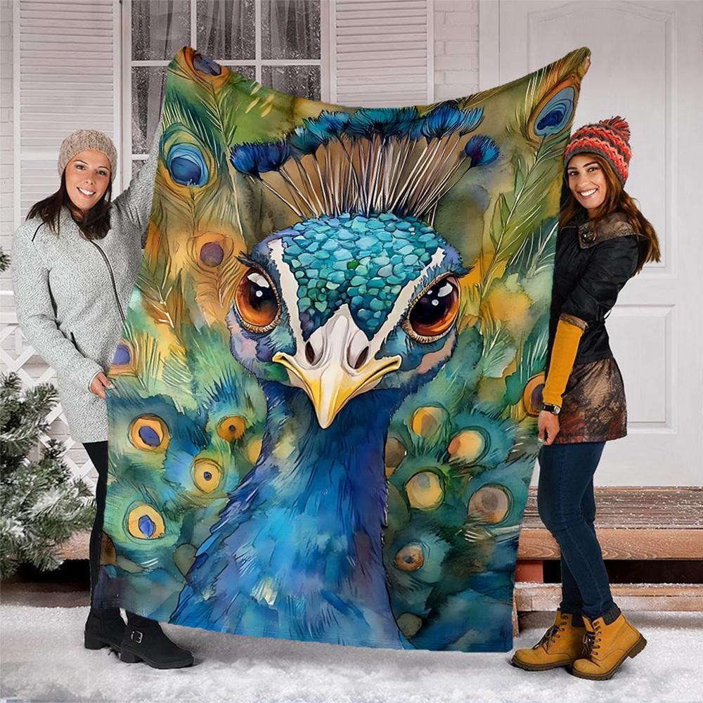 1pc Peacock Feather Throw Blanket Polyester Fiber, Lightweight Flannel, Soft & Warm, All Season Use for Outdoor, Camping Digital Print