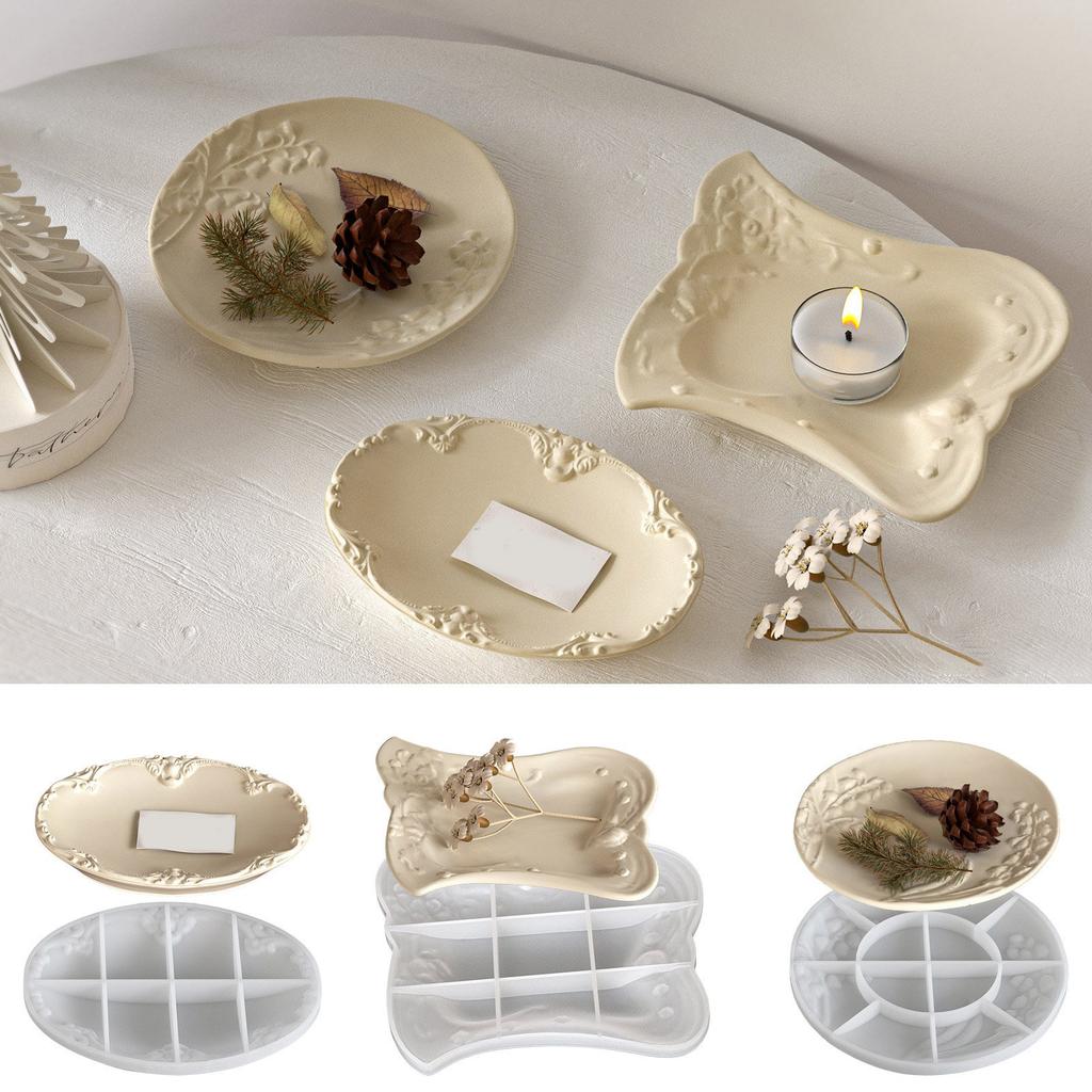 Vintage Embossed Oval/Round/Square Silicone Tray Mold For Resin Cement DIY Crafts Jewelry Organiser Making Mould