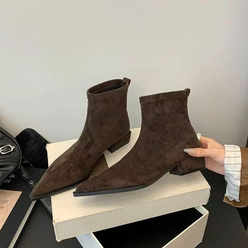 Womens Boots Temperament Pointed Toe Short Boots High Quality Suede Retro Ankle Booties Slim Fit Elastic Short Boots Botas Mujer