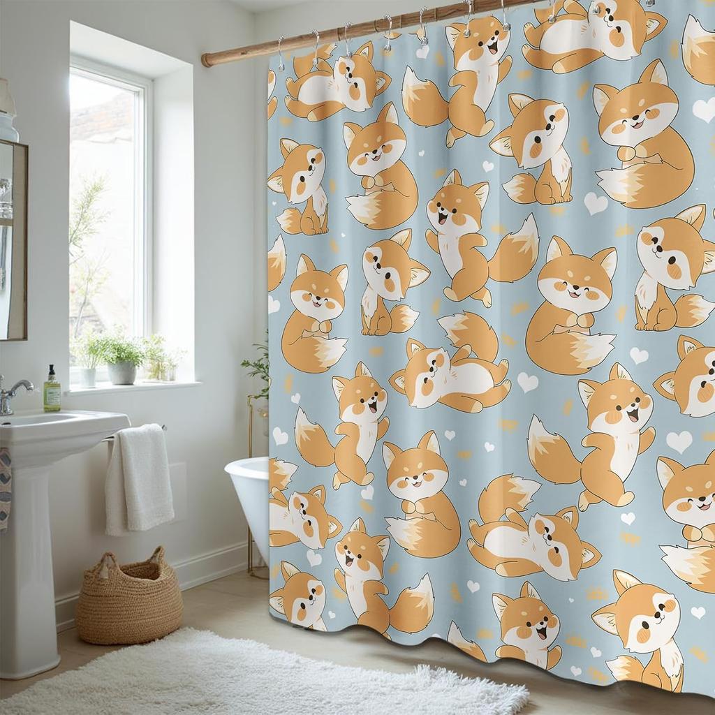 Cute Fox Shower Curtain Kids Toddler Cartoon Animal Shower Curtains for Bathroom Decor, Waterproof Cloth Fabric with Hooks 70" W