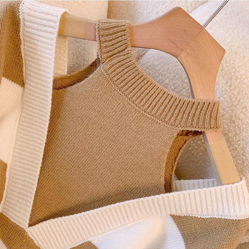 Spring Autumn Loose Stripe Sweater Women Off Shoulder Design Fake Two Piece Pullover Knit Base Layer