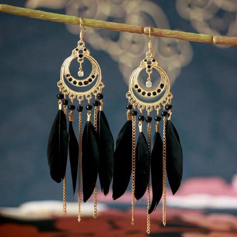 Bohemian Long Tassel Feather Earrings - Trendy Douyin-Inspired Design for Women