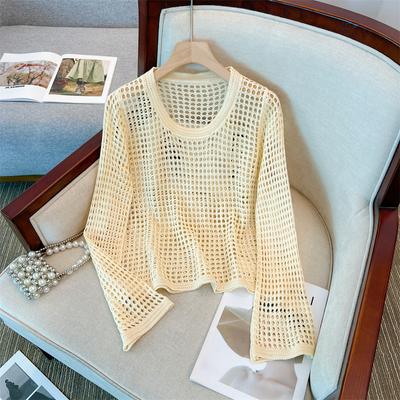 Summer Hole Shirt Loose Hoodie Round Neck Knit Shirt Hollow Sunscreen Long Sleeve Tops