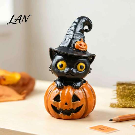 Spooky Tabletop Centerpieces Halloween Black Cat & Pumpkin Resin Ornaments, Cute Desktop Figurines, Office Desk Seasonal Ornaments Cartoon And Statue