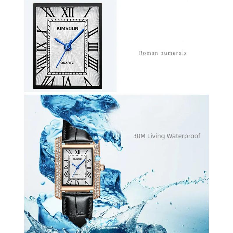 KIMSDUN Fashion Elegant Design Rectangle Dial Water Resistant Leather Quartz Movement Business Gift Women Analog Wrist Watch