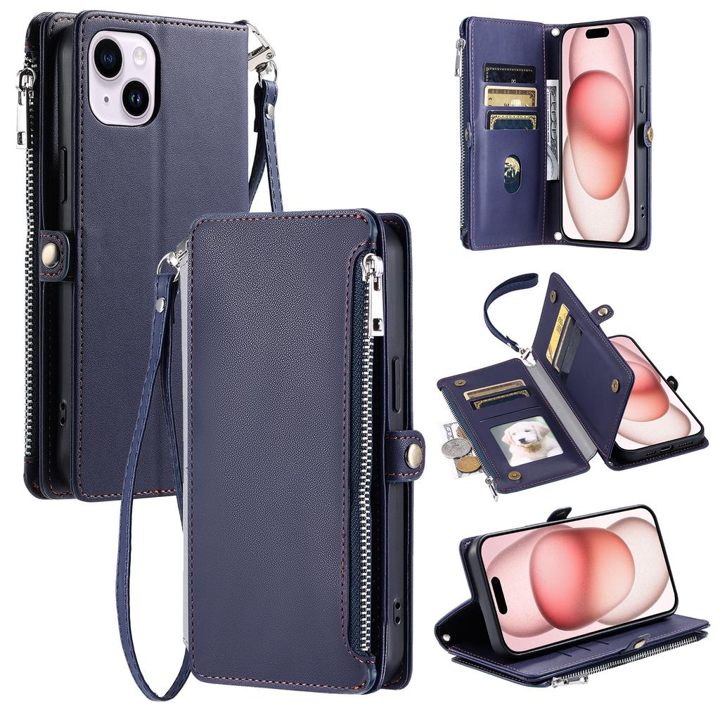 015 Style For iPhone 15 Leather Case Zipper Pocket Shockproof Phone Cover